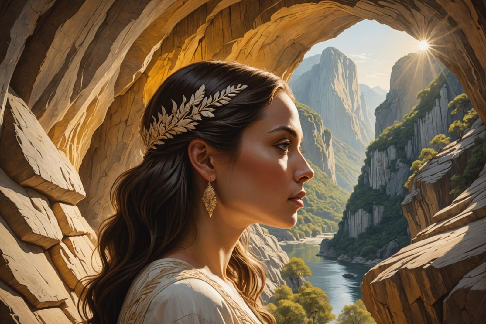 Wenge Wood Carving of Woman in Cave, Golden Light