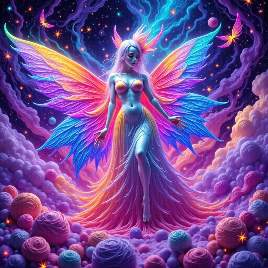 Whimsical Angel-Alien Hybrid in Vibrant, Glowing Galaxy