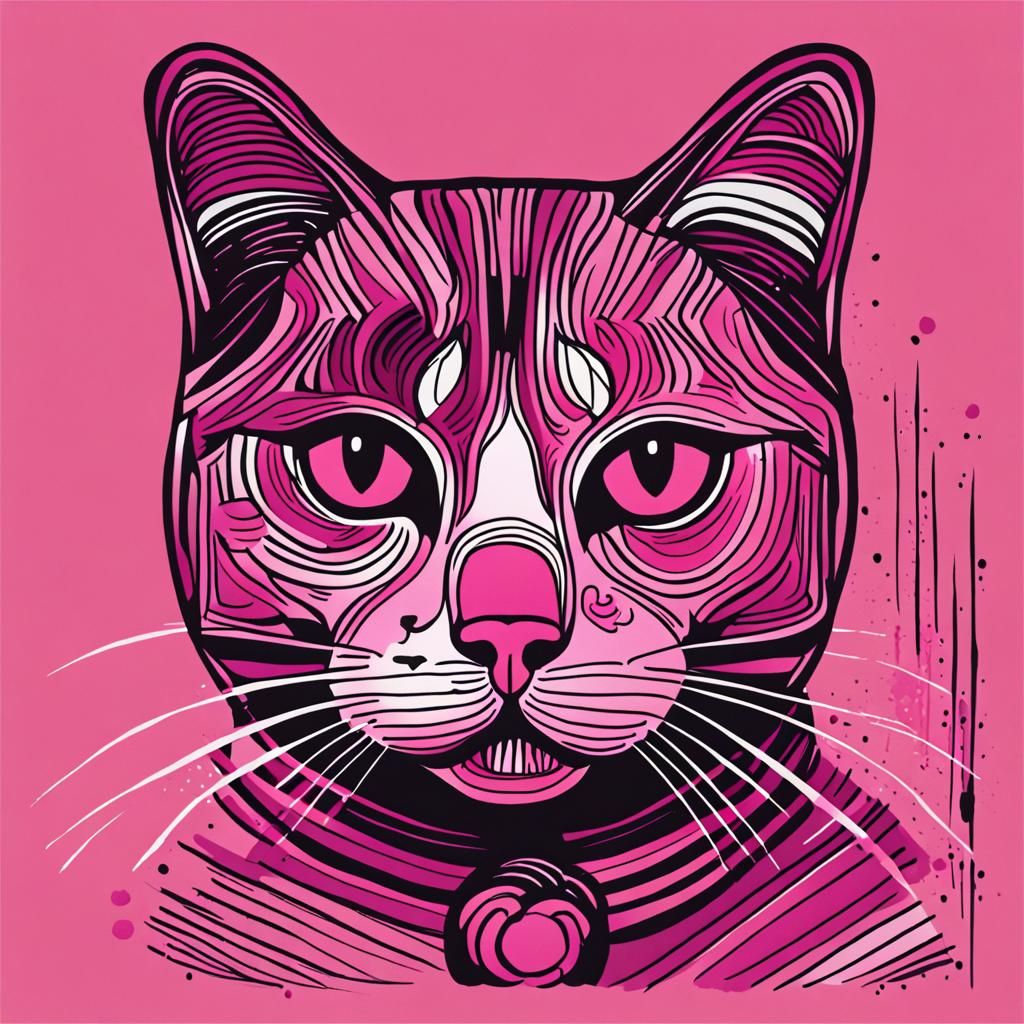 Pink Cat Flat Illustration in Gouache Style