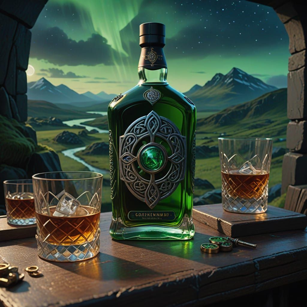 Mystical Scottish Highlander Cradles Whisky Glass in Dimly L...