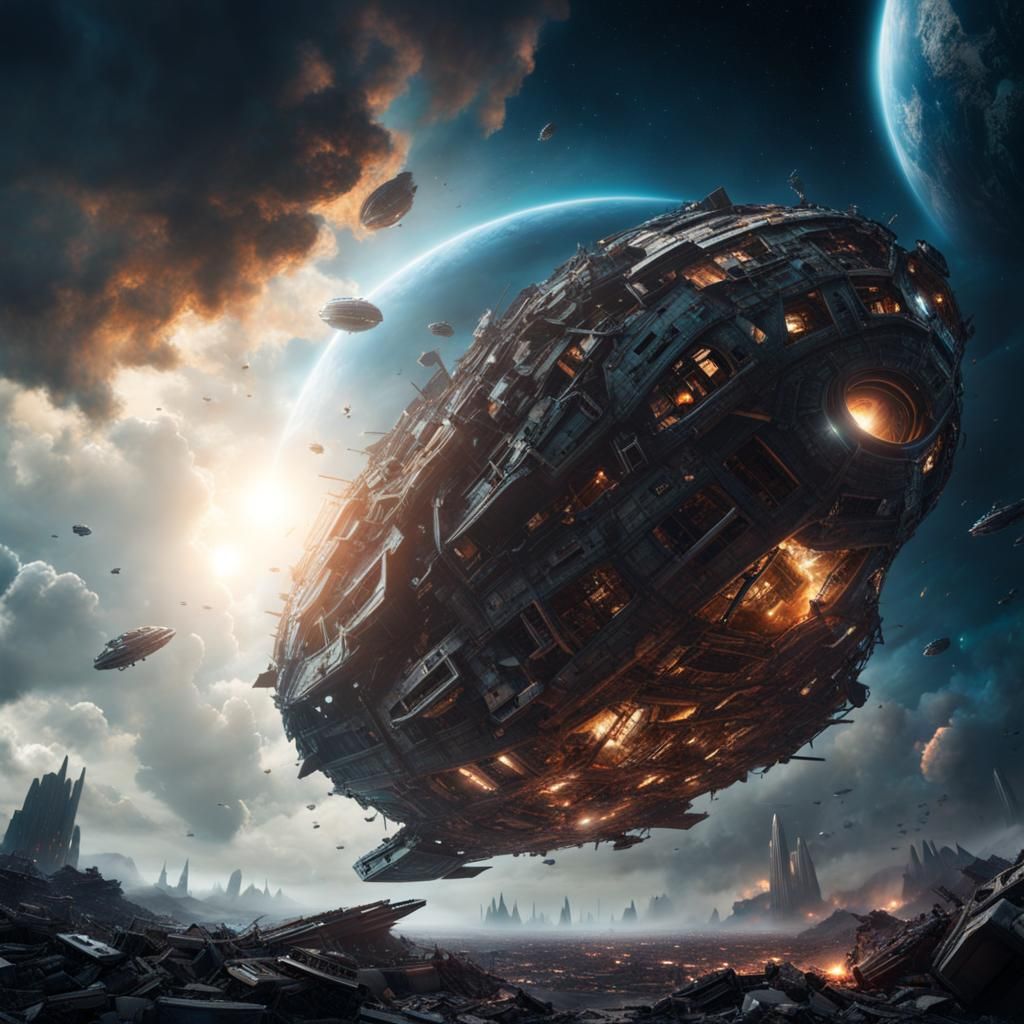 Destroyed Spaceship Floating in Space: Digital Matte Paintin...