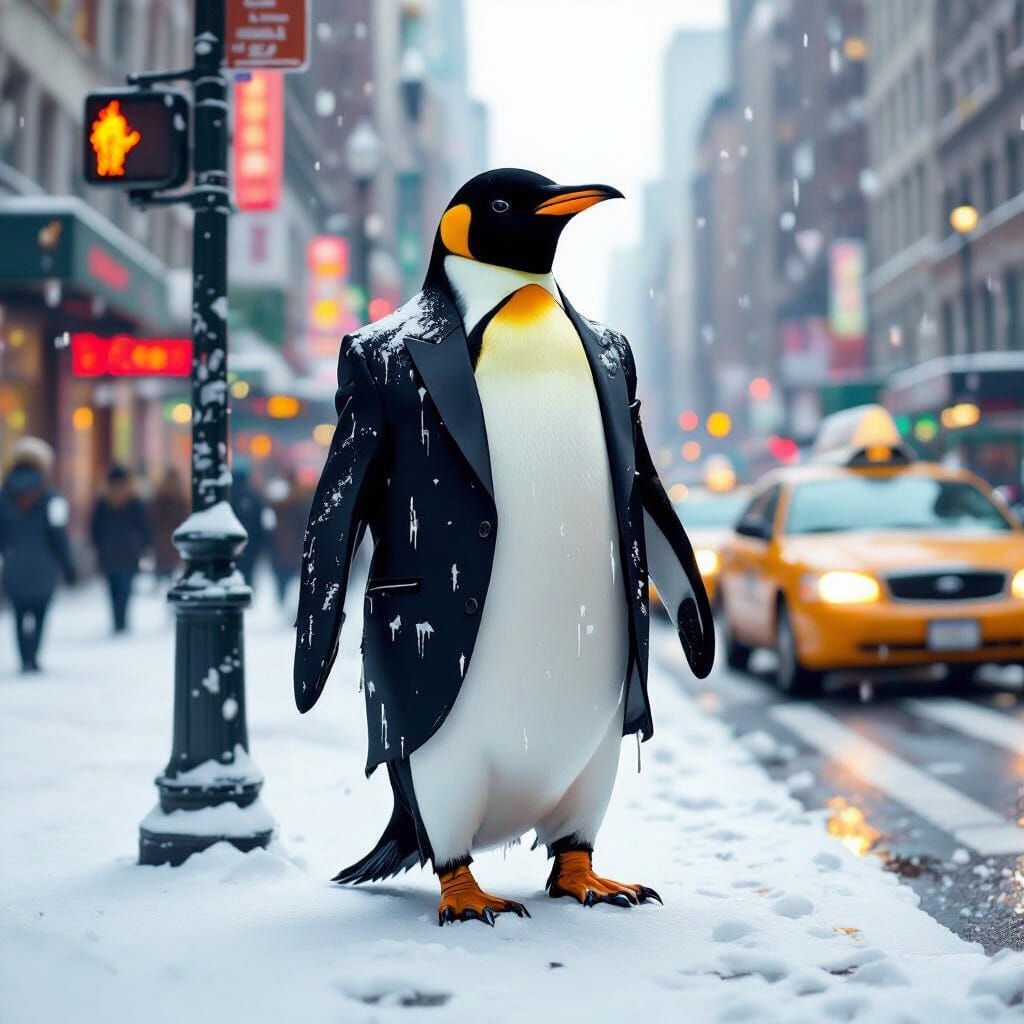 Dapper Penguin Hails Taxi in Melting Digital Art