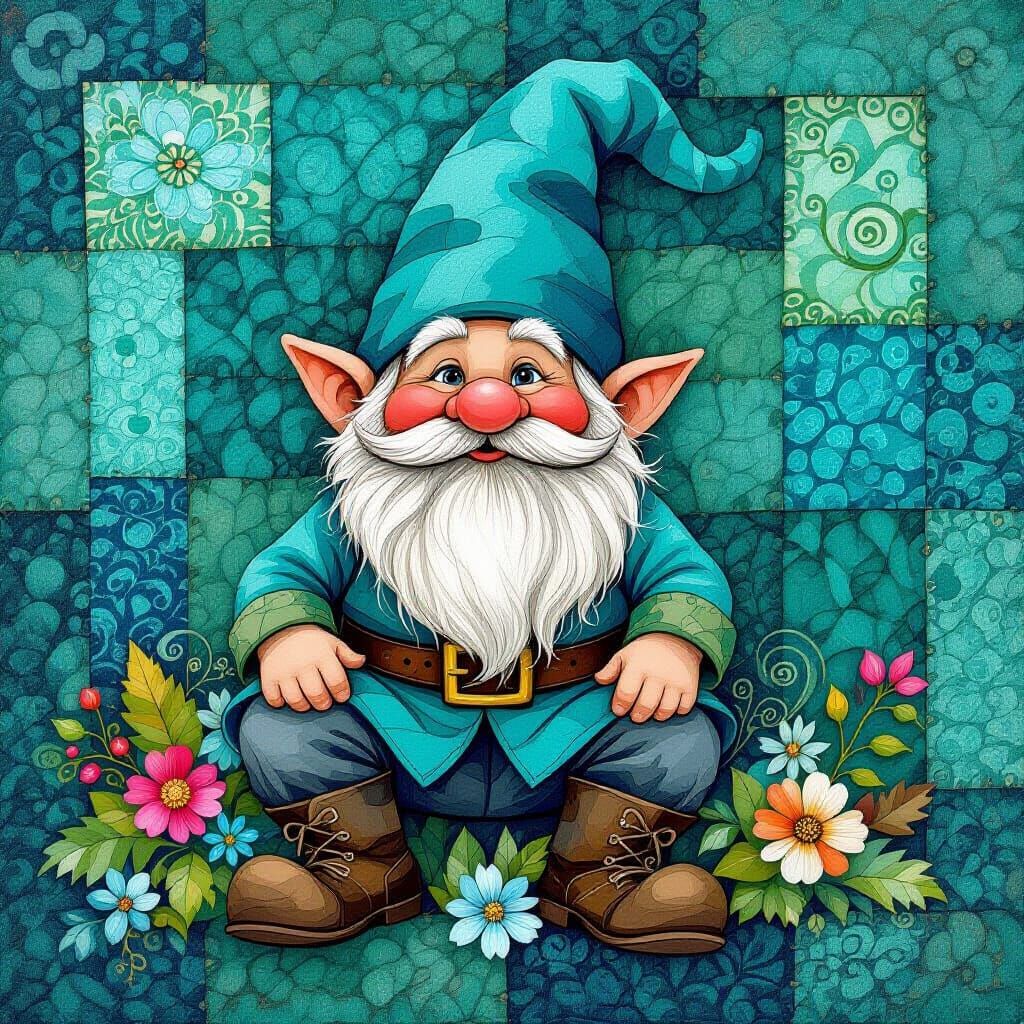 Gnome in Turquoise Patchwork, Whimsical Fantasy Art