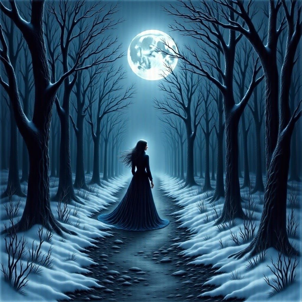 Mysterious Woman in Dark Winter Forest, Watercolor Art