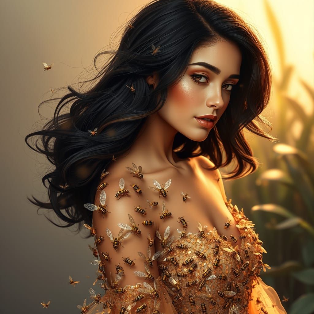 Stunning Brunette in Iridescent Bee Gown