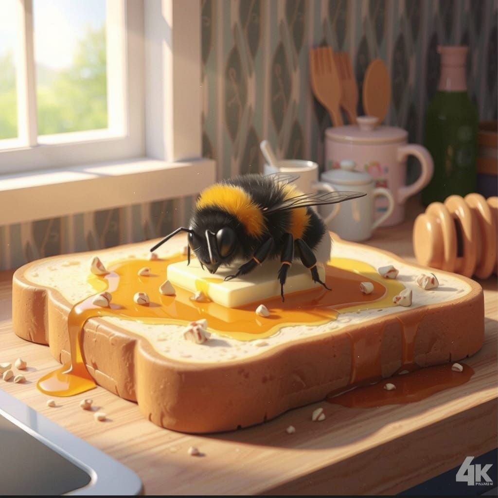 Bumblebee Sleeping on Giant Toast: Dreamy 8K Render