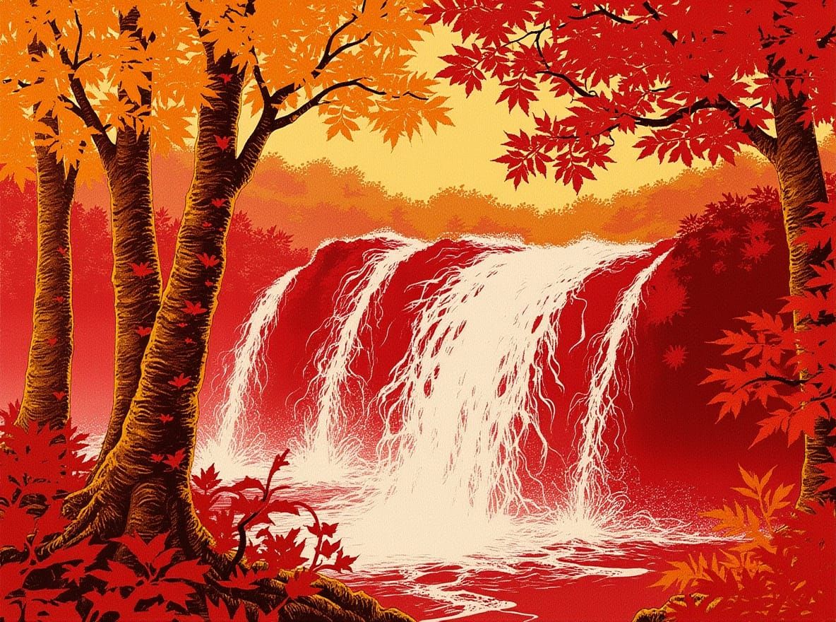 Enchanted Autumn Waterfall in Alcohol Ink Style