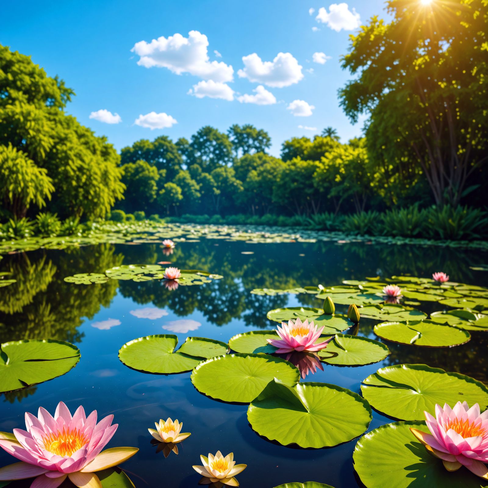 Hyperrealistic Lily Pond with Water Lilies in Cinematic HDR