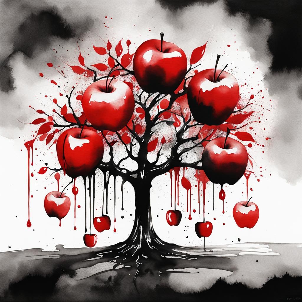 Ink Splash Watercolor Tree with Red Apples