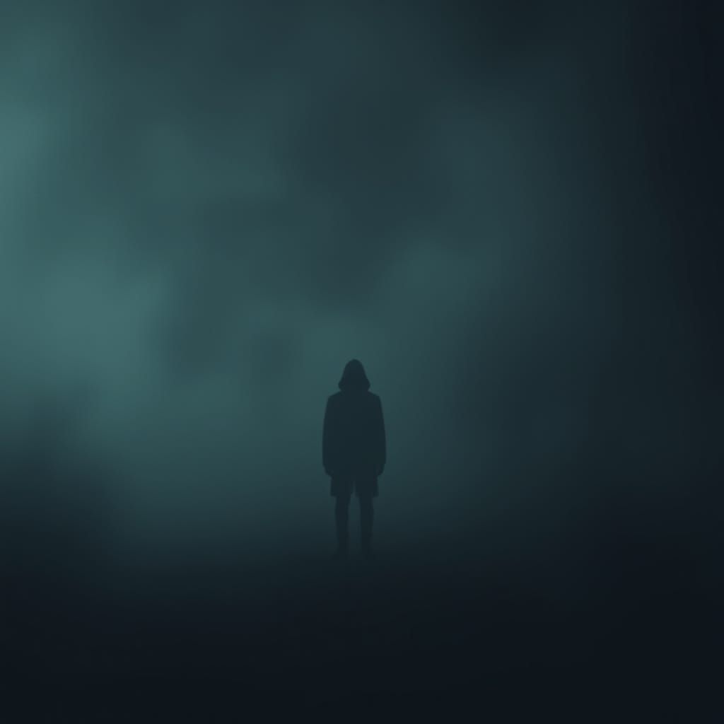 Ethereal Shadow Figure in Hazy, Dimly Lit Mist