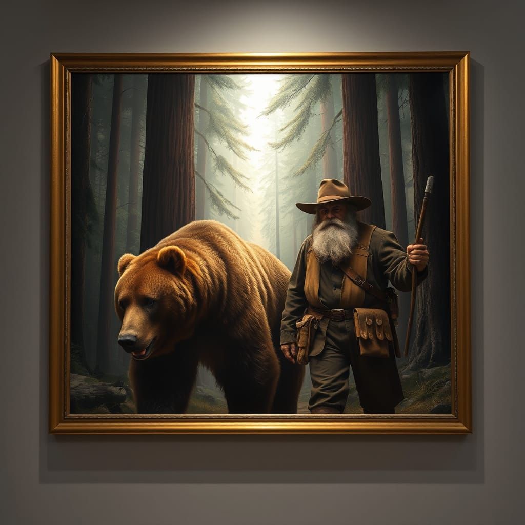 Majestic Grizzly Bear and Weathered Gold Miner in a Golden F...