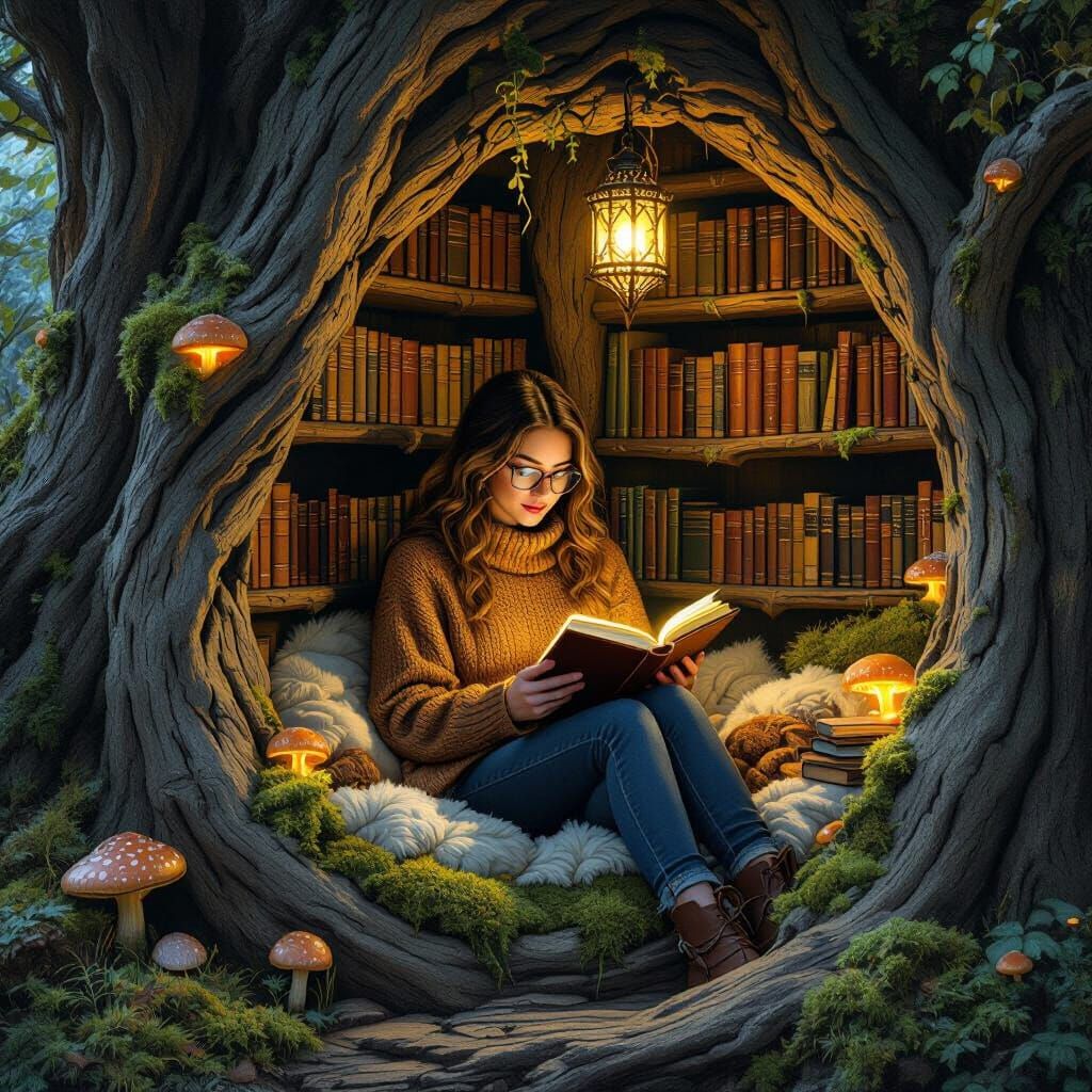 Cozy Reading Nook in Ancient Tree