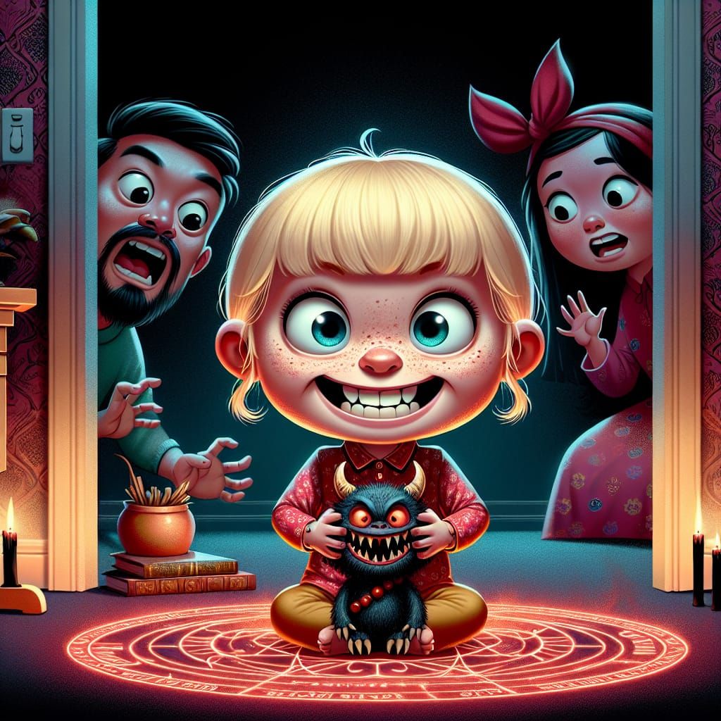 Whimsical Girl Conjures Mischief with Chibi Demon in the Sha...