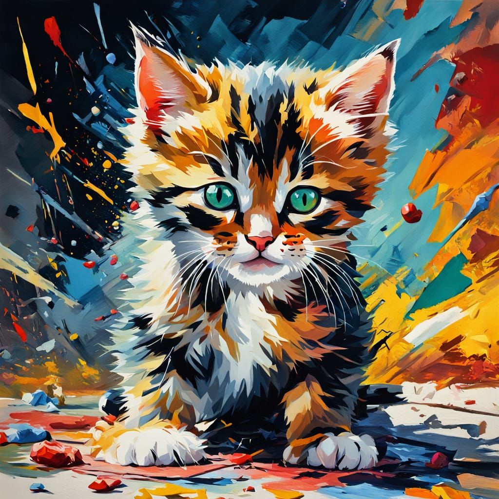 Kitten Hitting Break Point in Gouache Watercolor Style