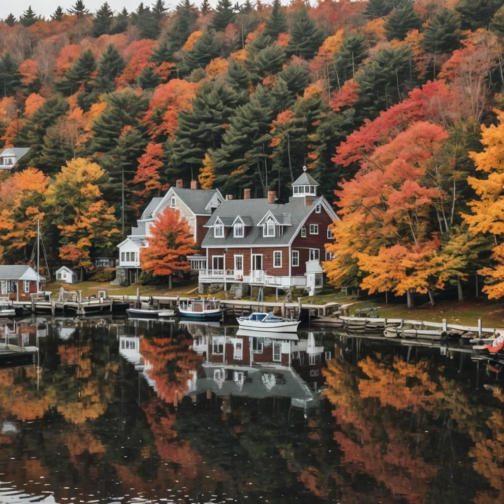Quaint Autumn Town in Maine with Watercolor Strokes