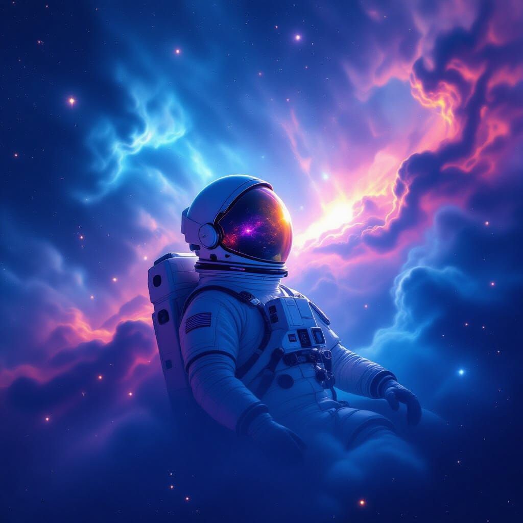 Astronaut Adrift in Cosmic Nebula, Helmet Reflects Space