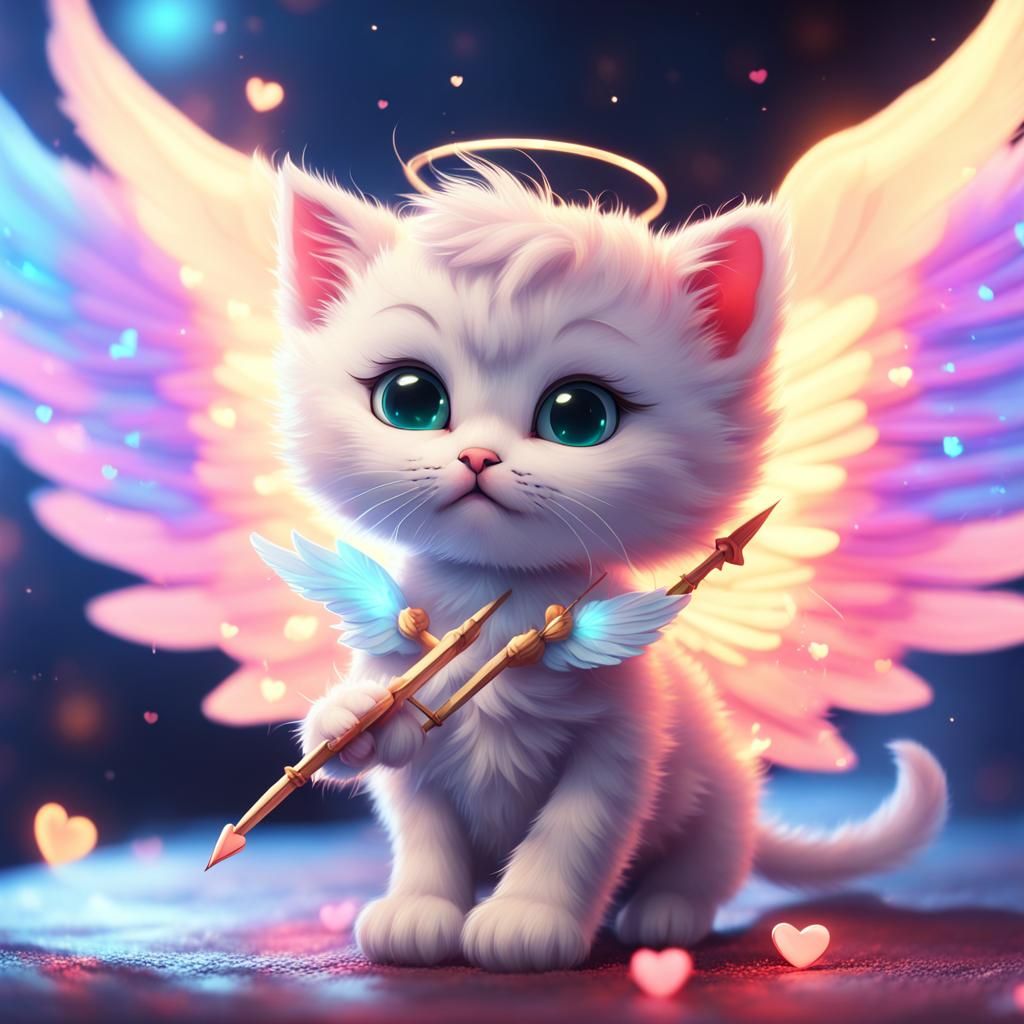 Cupid Kitten with Angel Wings and Hearts