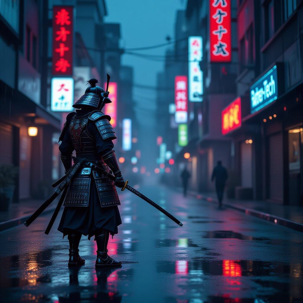 Cyberpunk Samurai in Neon Cityscape at Dusk