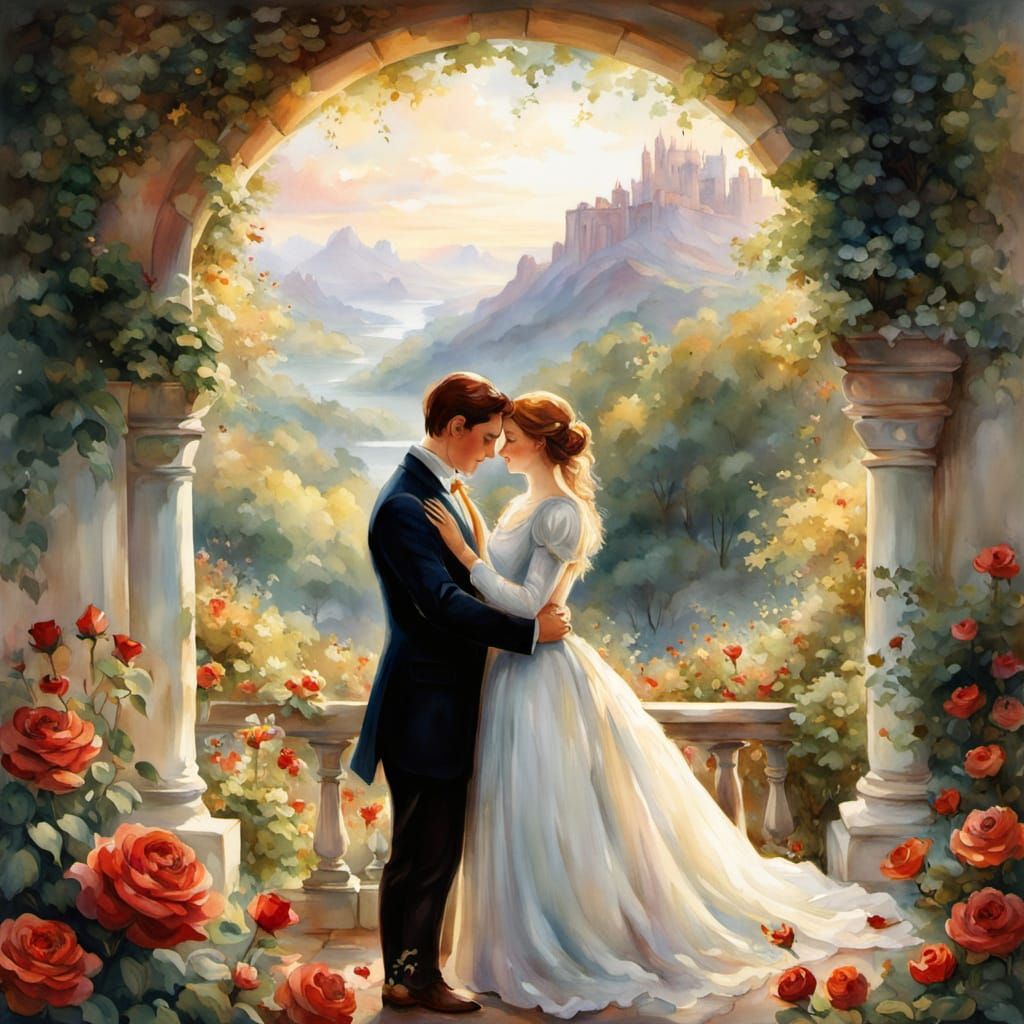 Dreamy Watercolor Scene of Love and Whimsy