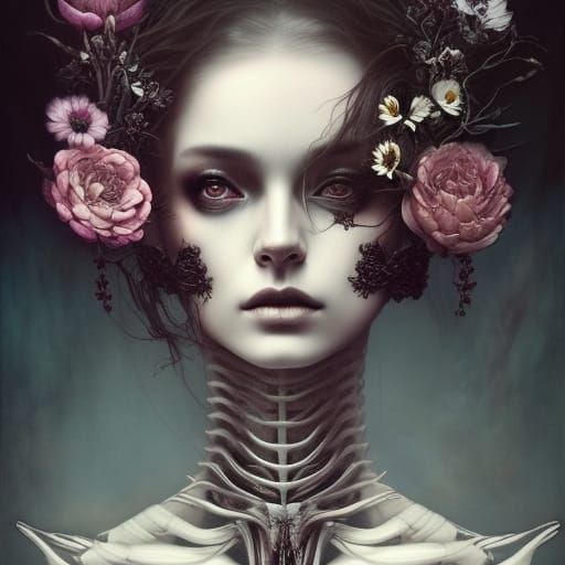 Skeleton Woman with Colorful Flowers in Horror Style