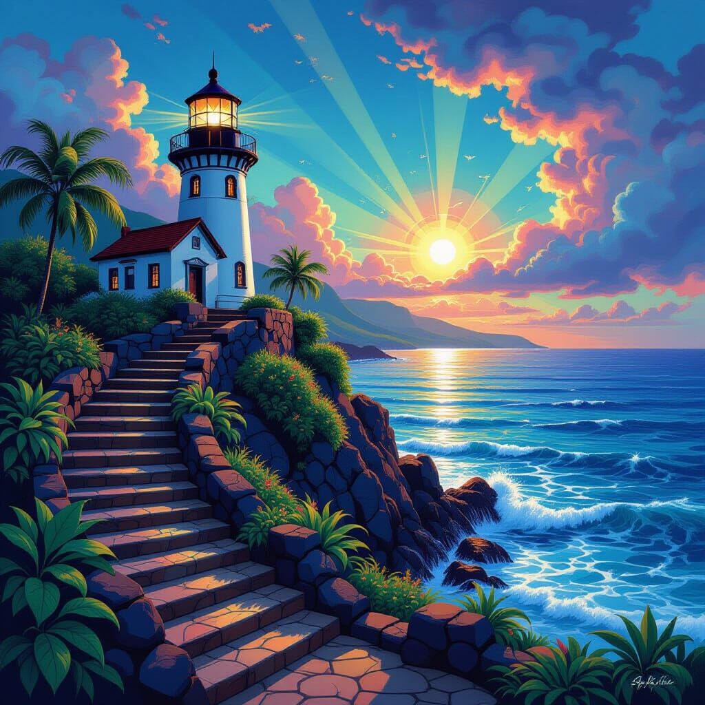 Lighthouse Stairway on Hawaiian Coast in Surreal Style