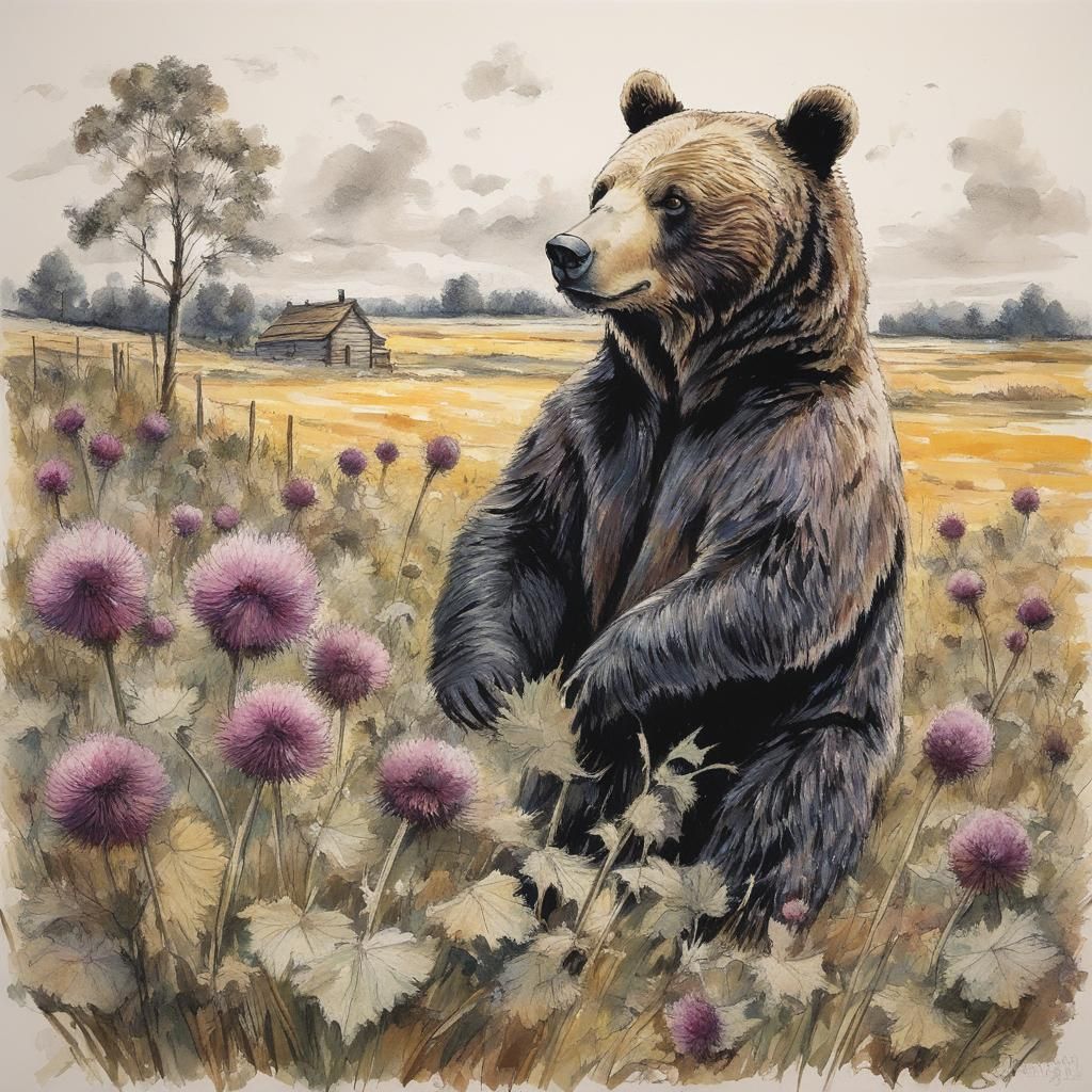 Bear in Burdock Field: Oil Painting Style