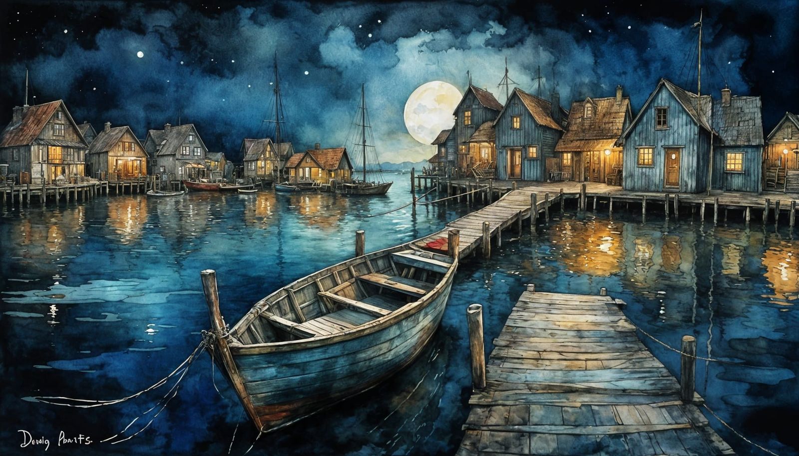 Moonlit Seaside Village Inspired by Waterhouse