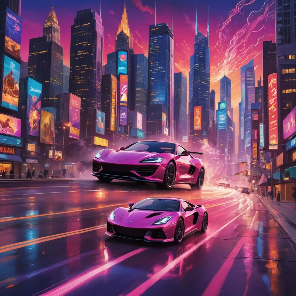 Pink Sports Car in Futuristic Cityscape
