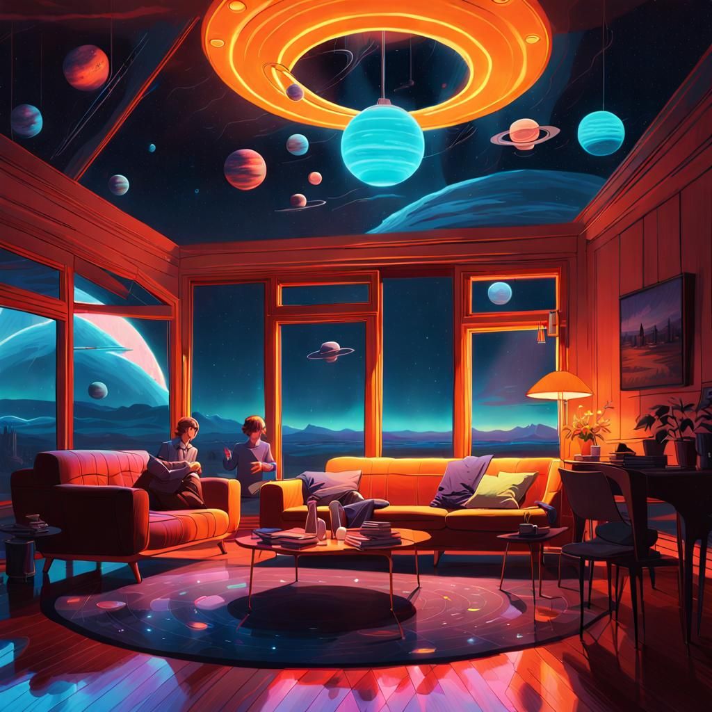 Surreal Living Room with Luminescent Solar System Fixtures