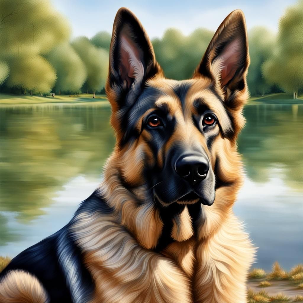 German Shepherd with Floppy Ear at the Lake