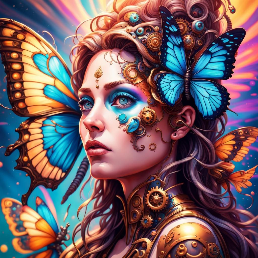 Steampunk Butterfly Goddess in Psychedelic Splash Art