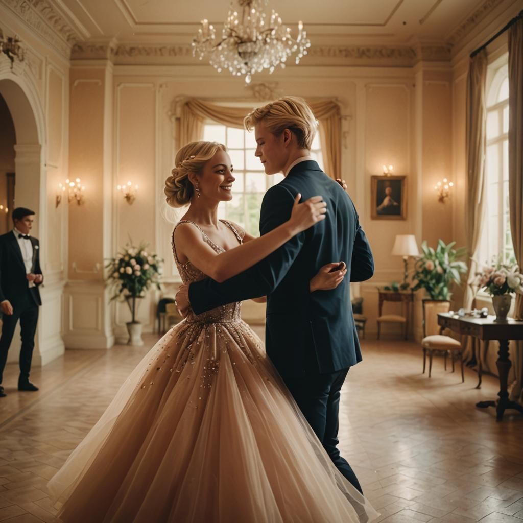 Boy in Prom Dress Dances in Villa: Cinematic Still