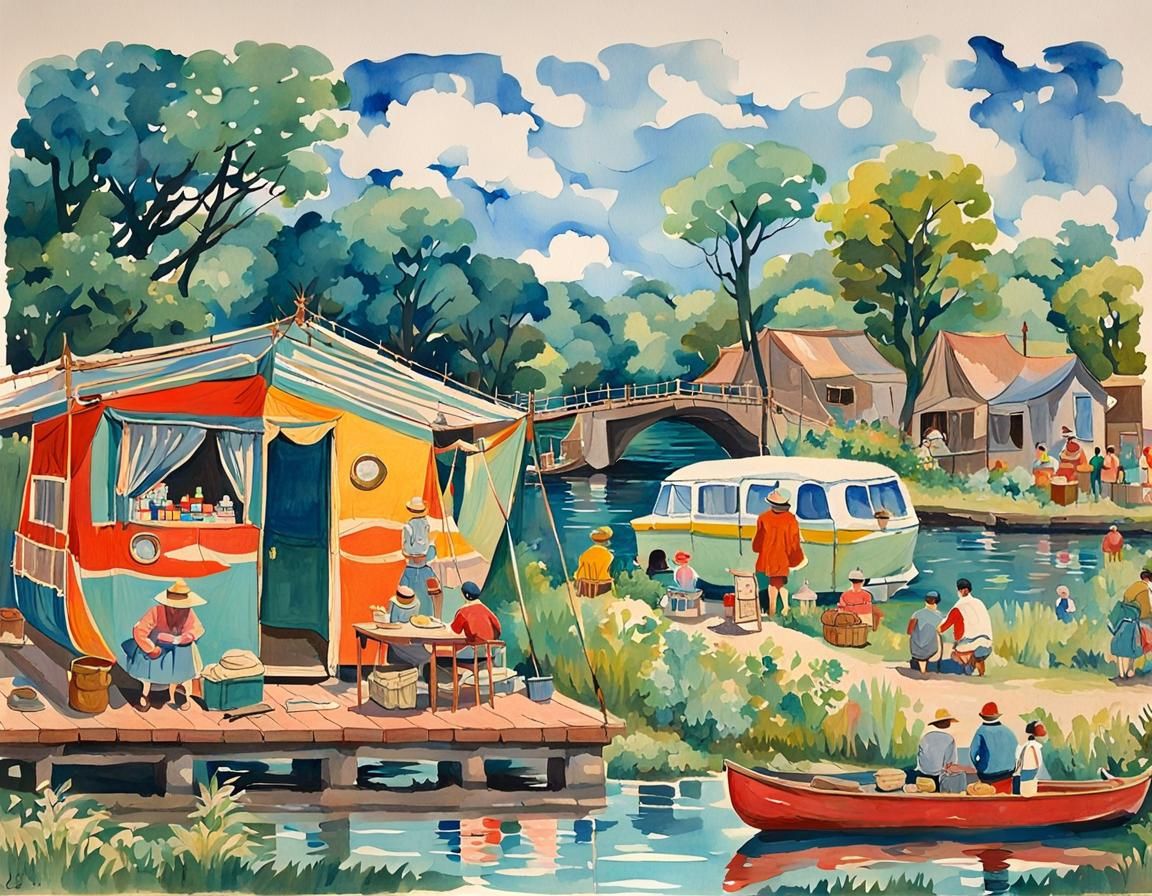 1950s Campers by Canal, Ghibli-Style Watercolor Art