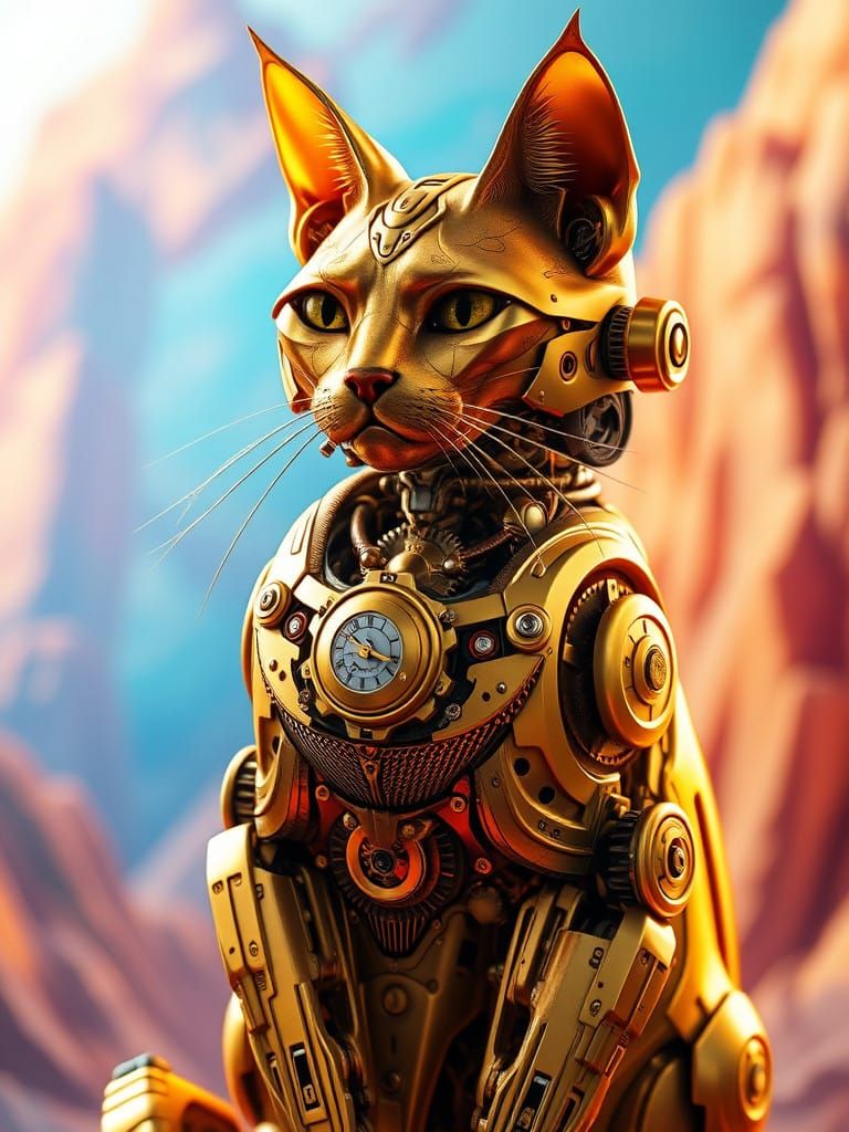 Golden Clockwork Cat in Futuristic Mid-Shot