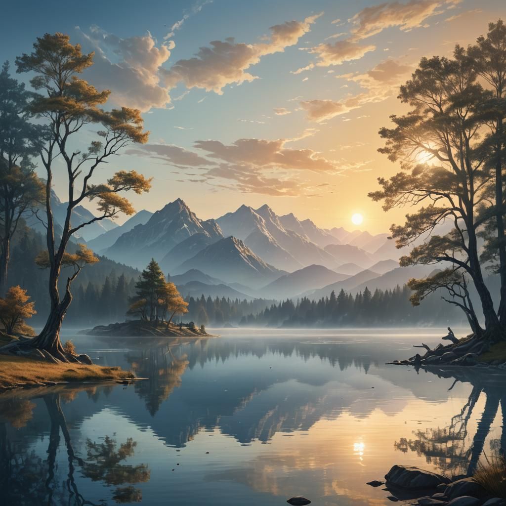 Misty Lake at Dawn: a Matte Painting Landscape