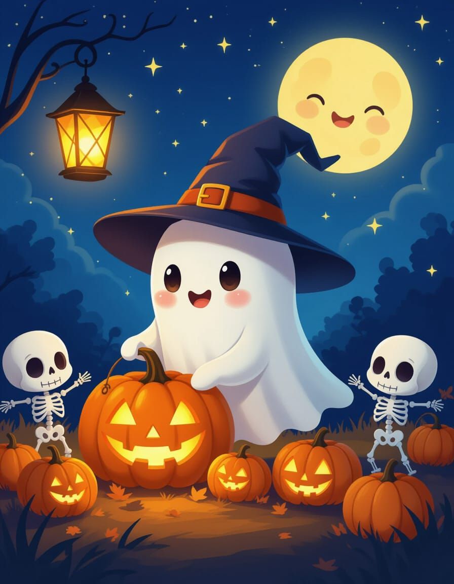 Cute Ghost Harvesting Pumpkins with Chibi Skeletons on Hallo...