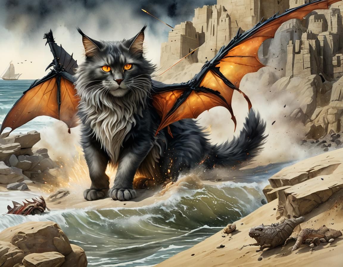 Cat Dragon Hybrid Attacks Sandcastle in Watercolor