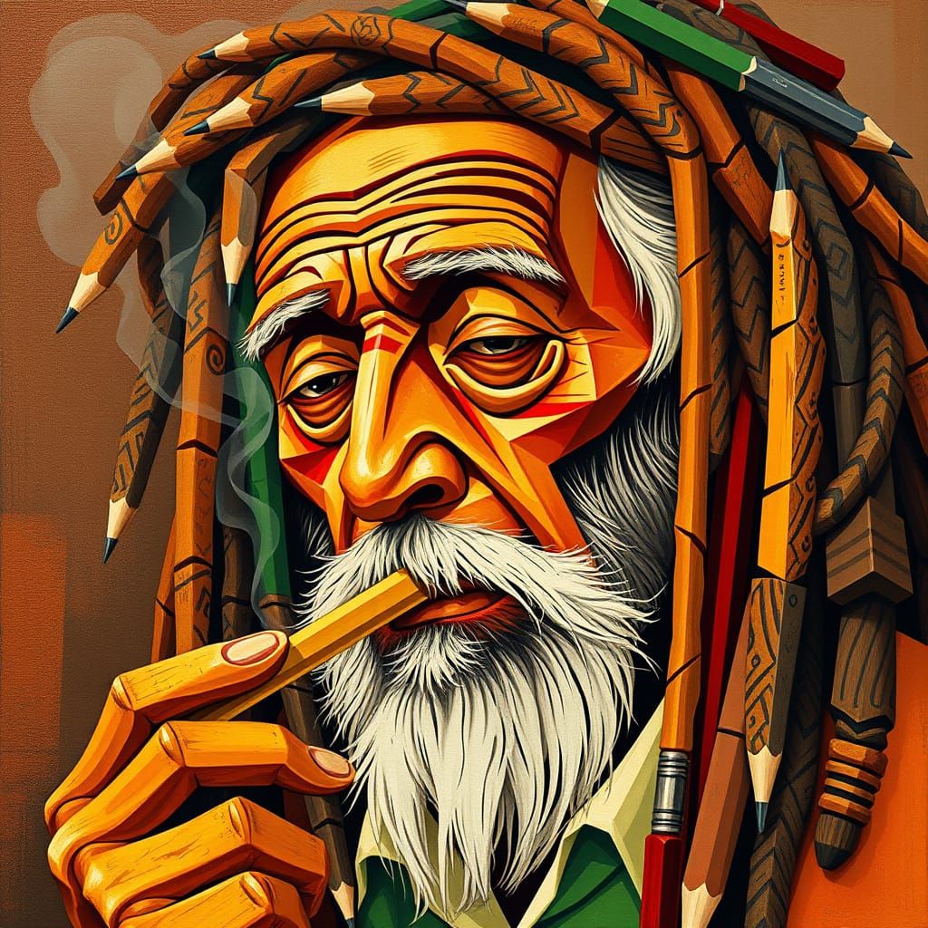 Cubist Rasta Man Made of Pencils