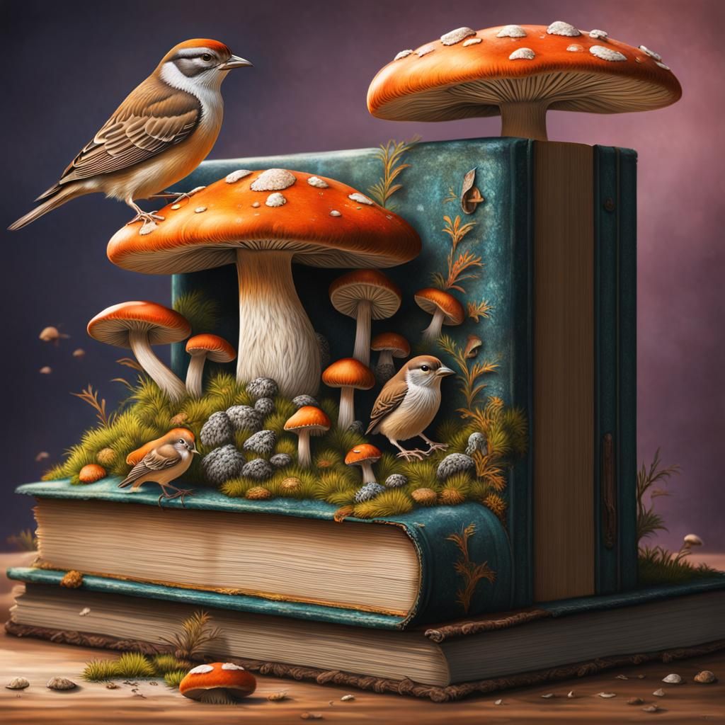 Mushrooms and Sparrows on an Old Bookcase