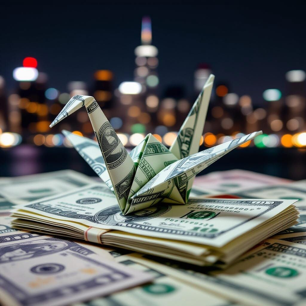 Origami Dollar Crane on Banknote Stack, Bokeh Cityscape