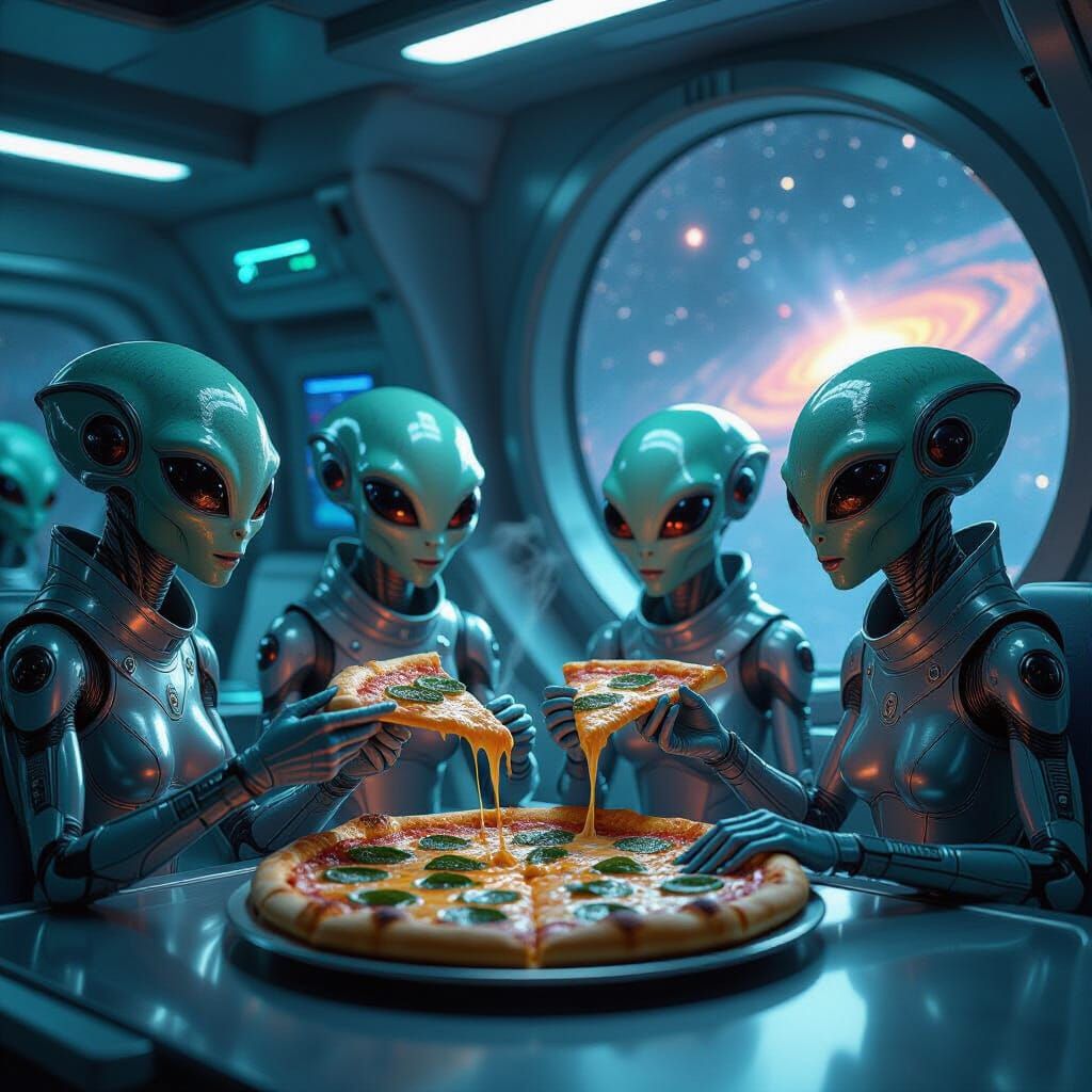Aliens Try Pizza in Spaceship, 3D Render