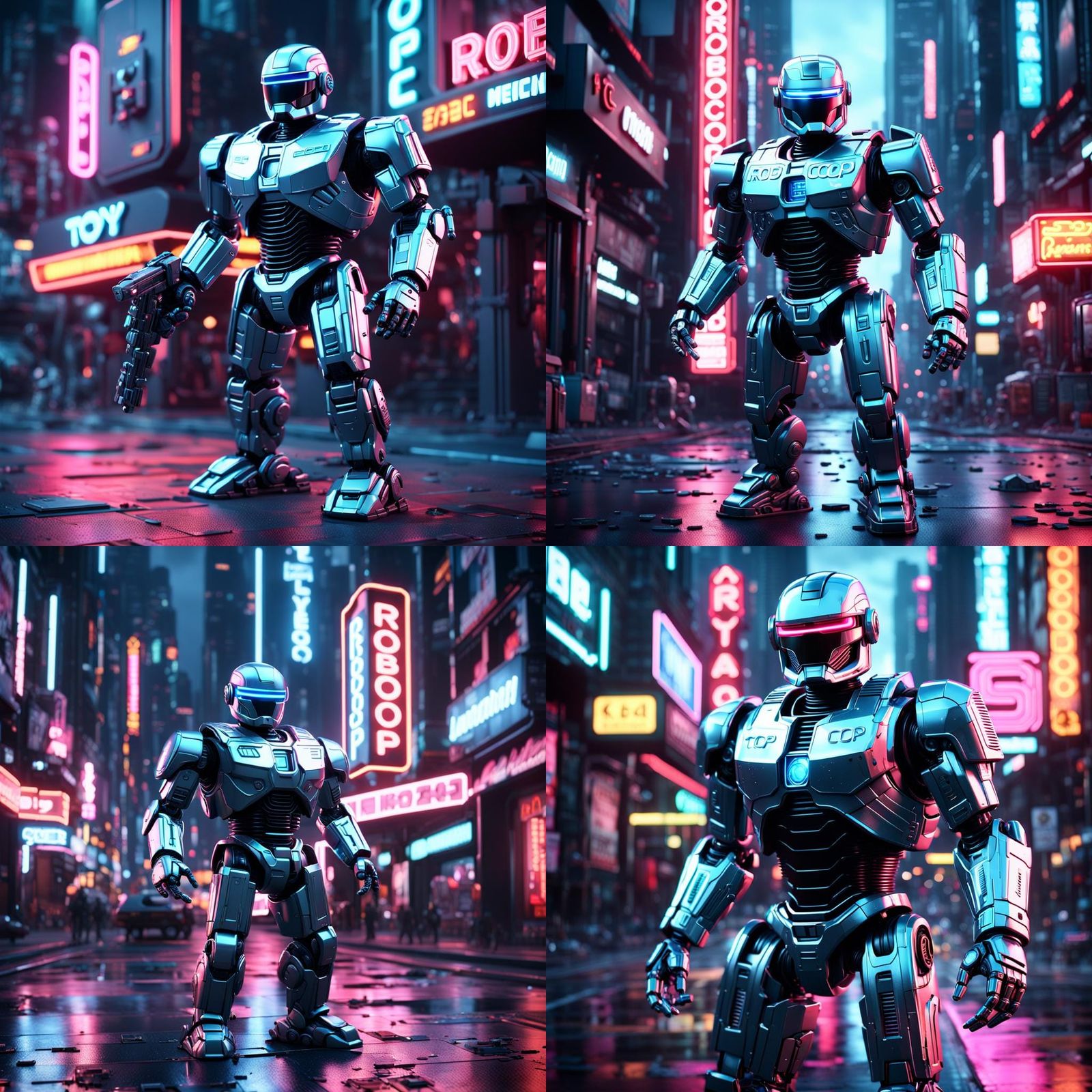 Toy Robocop with Neon Sign, 3D Render