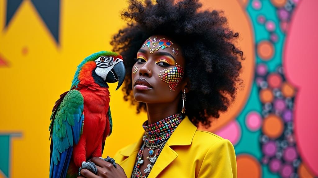 Afrofuturistic Woman with Parrot in Pop Art Style