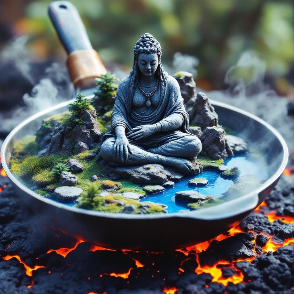 Stone God Landscape Inside Frying Pan, Spray Paint Art