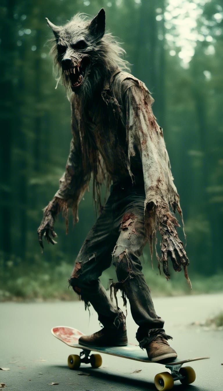 Werewolf on Skateboard in Macabre Style