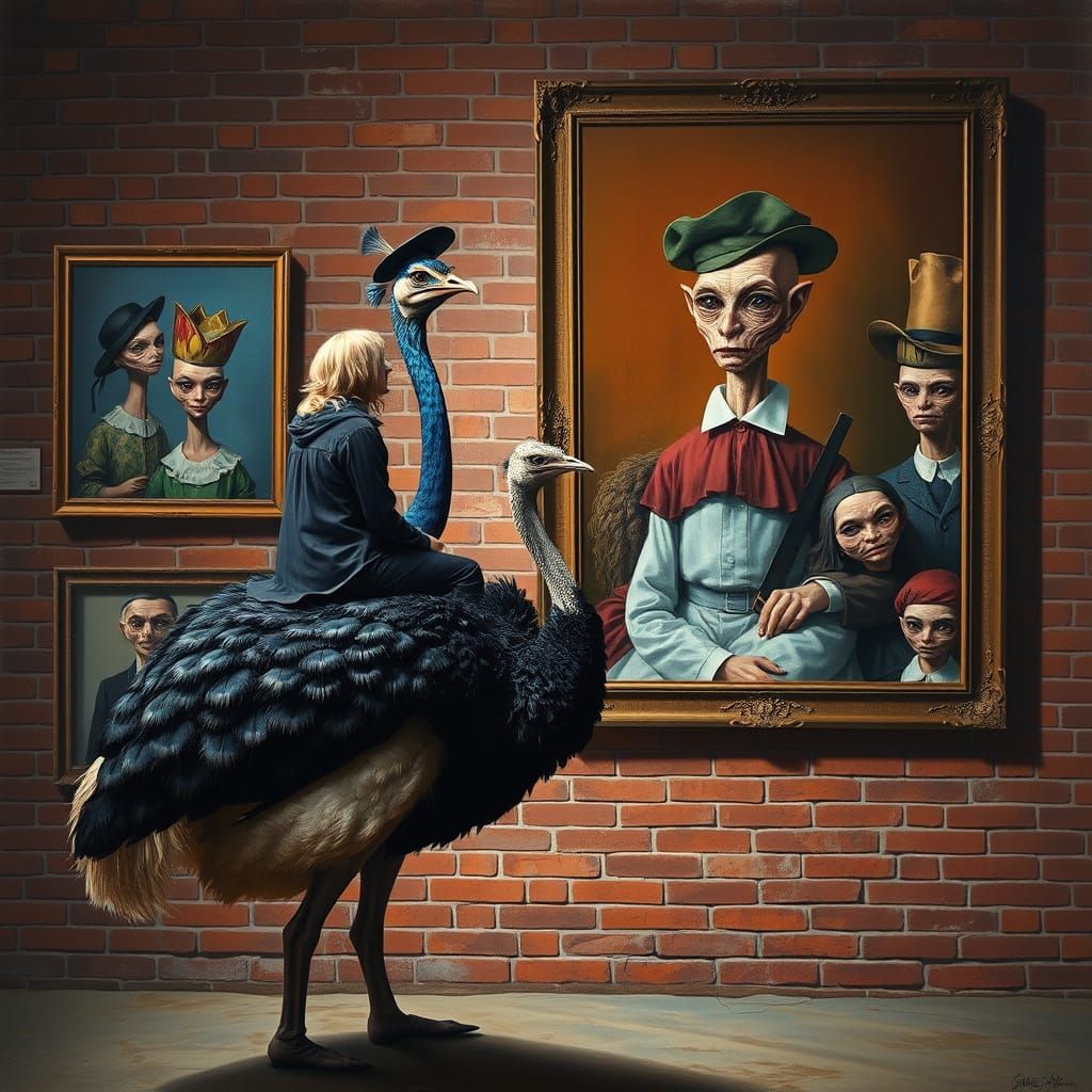 Woman on Ostrich Views Peacock Painting in Surreal Style