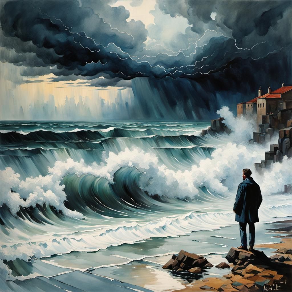 Man on Stormy Seashore in Watercolor Style