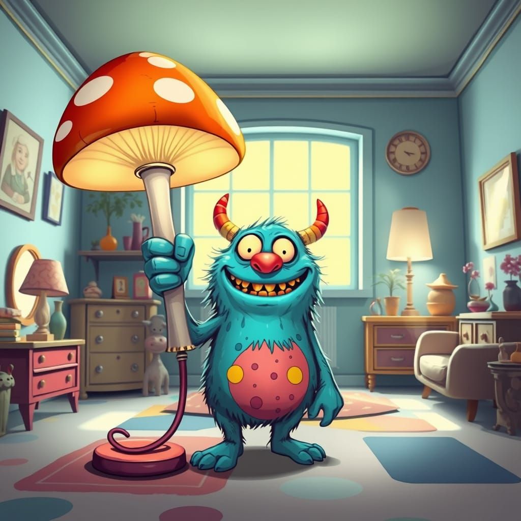 Whimsical Monster Illuminates Brightly Lit Room with Giant M...
