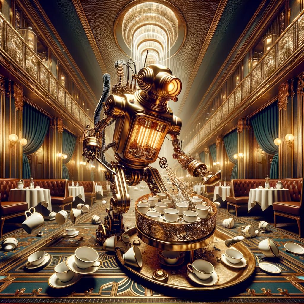 Brass Robot Butler Spills Tea in Art Deco Ballroom