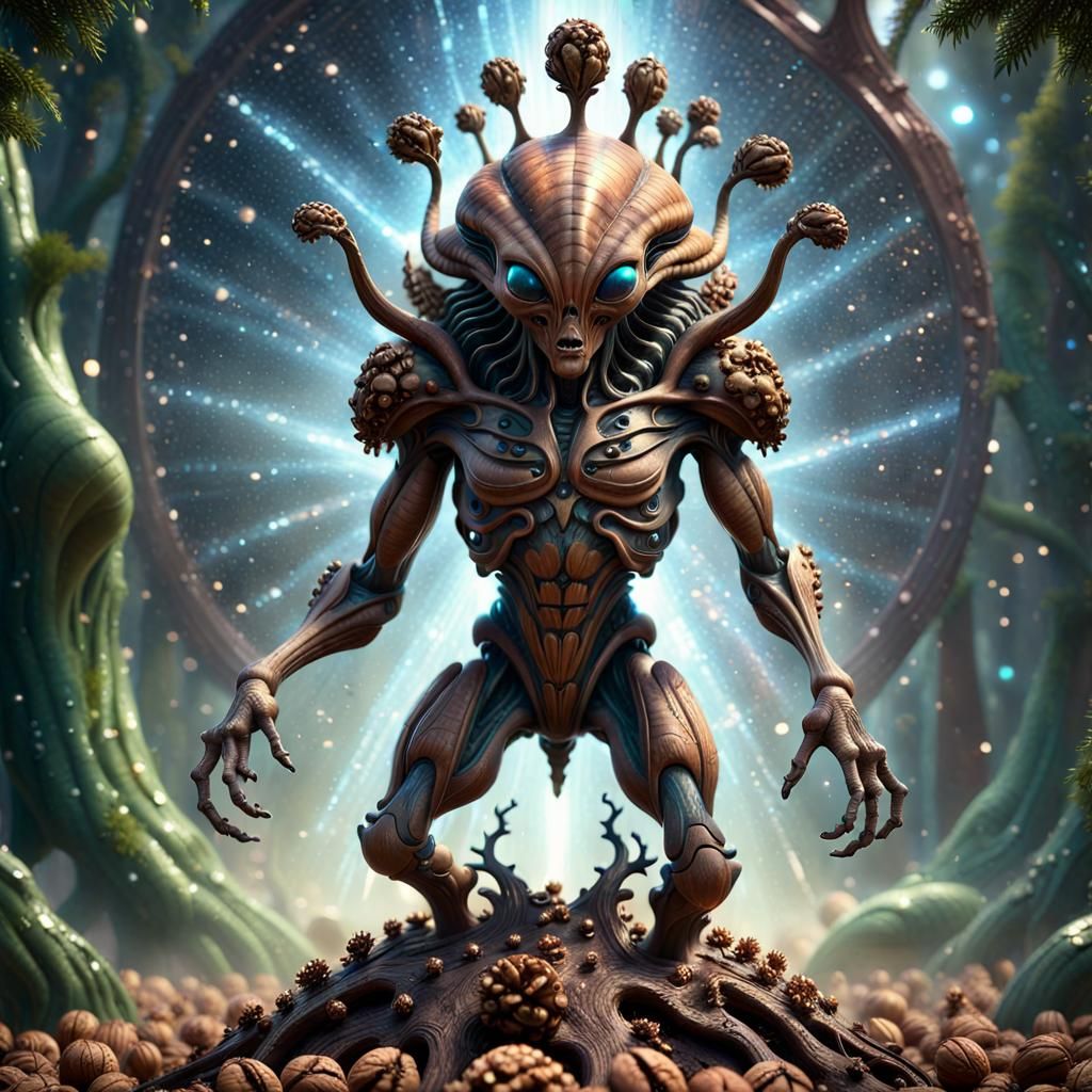 Hyperrealistic Alien Walnut King in Motion